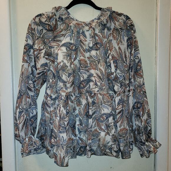 Womens Peasant Balloon Sleeve Top Paisly Print Floral Peplum Blouse Blue Pepper - Picture 5 of 9